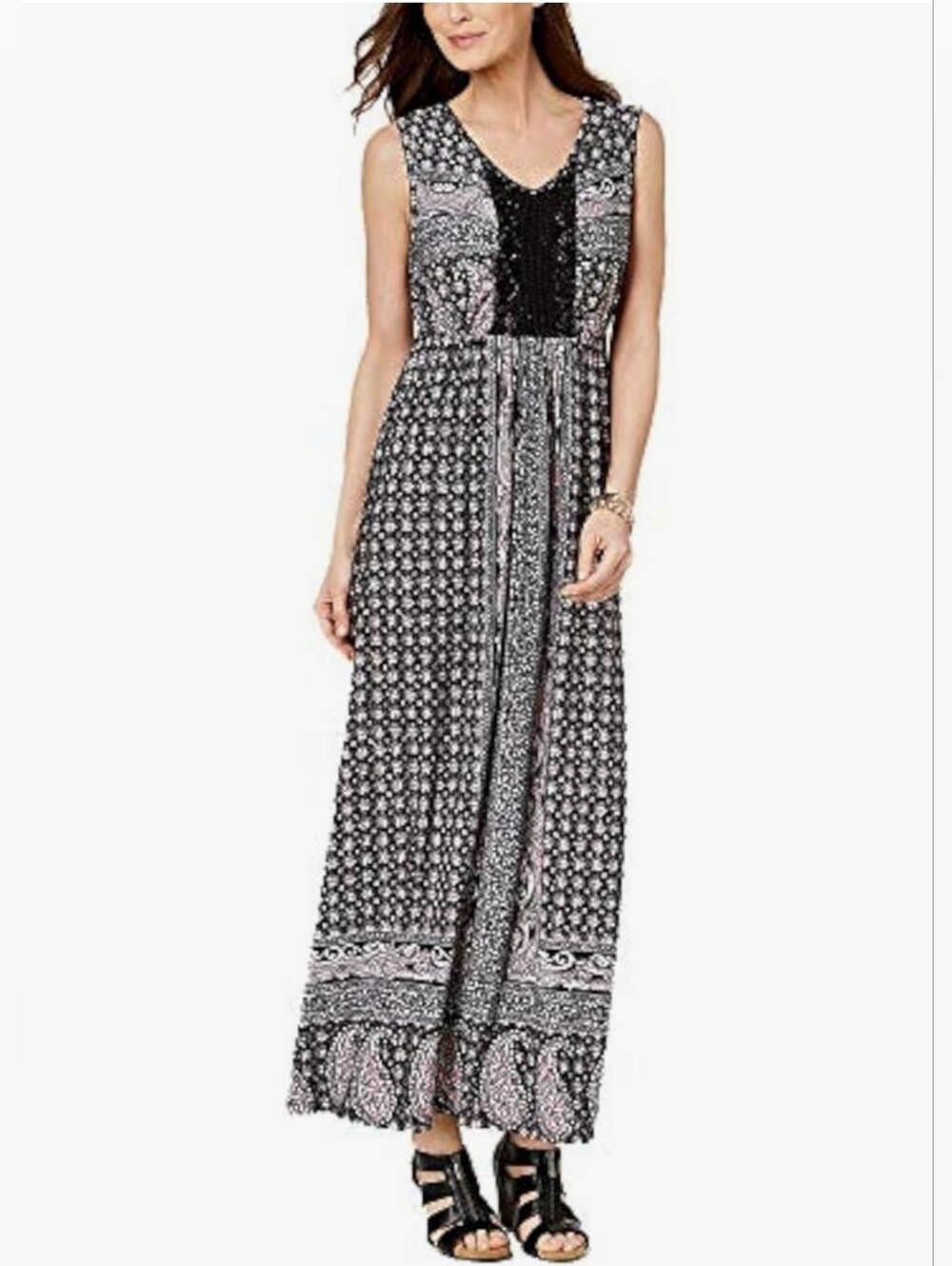 *NWT* Style & Co Crocheted Front Paisley Fields Dress Black Pink Maxi Small